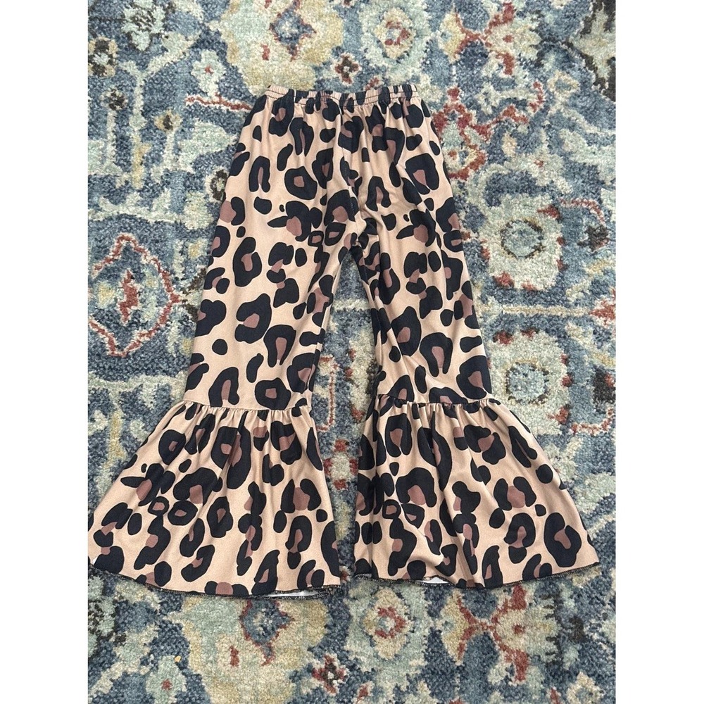 Leopard Bell Bottom Pants Girls 3T‎ Tan Animal Print Ruffle Flare